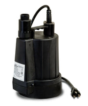 Black cylindrical utility pump with curved outlet hose, threaded connection port, and attached power cord.