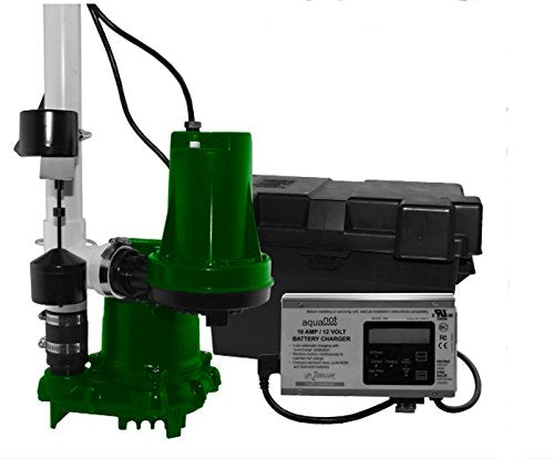 Green sump pump with black float switch, control panel, and battery backup unit on white background.
