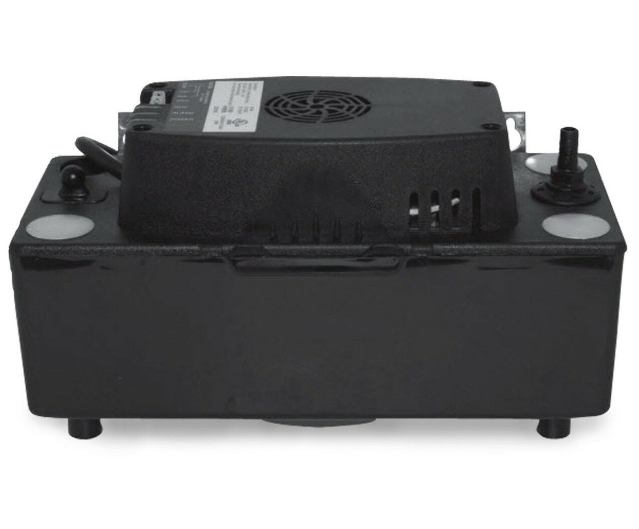 Black rectangular condensate pump with motor unit on top, outlet ports on sides, and control panel with ventilation grille.