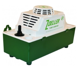Zoeller white and green condensate pump with ventilation slots and attached hose connector.