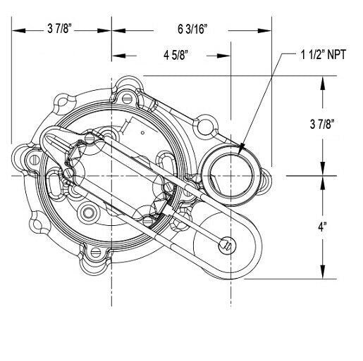 Top-down technical schematic of submersible sump pump with dimensions and 1 1/2" NPT outlet port labeled.