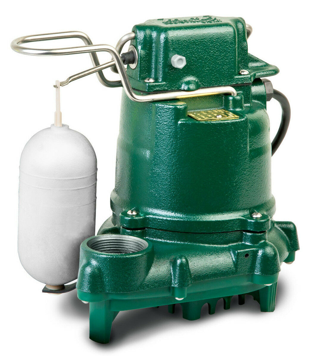 Green cast iron sump pump with white float switch connected by metal arm to white cylindrical float.