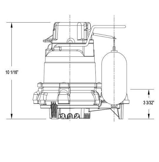 Cast iron sump pump with motor mounted on top, cylindrical basin below, and float switch on right side, technical schematic v