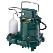 Green cast iron sump pump with attached white float switch and black power cord on base with intake ports.