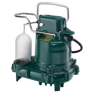 Green cast iron sump pump with attached white float switch and black power cord on base with intake ports.