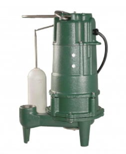 Green cylindrical grinder pump with float switch and discharge pipe on four legs.