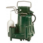 Green cast iron submersible pump with handle, inlet port, and white float switch attached to cord.