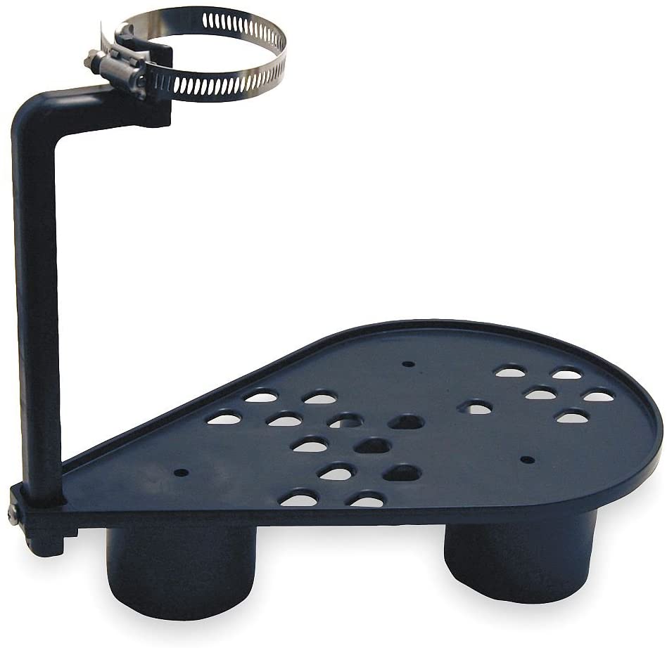 Black pump stand with perforated platform, vertical pipe with metal hose clamp, and two cylindrical feet for stability.
