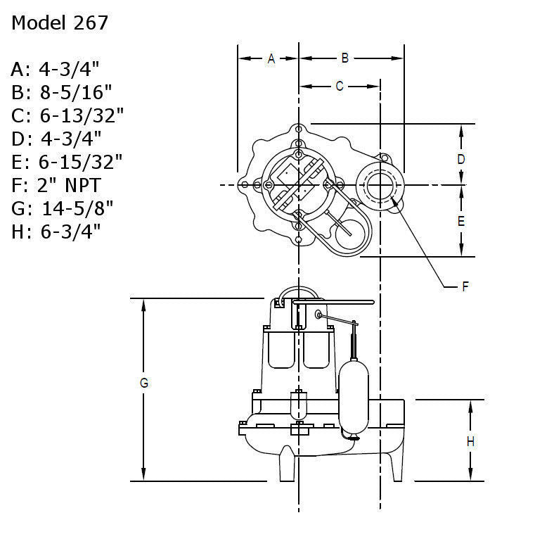 Zoeller Model 267 cast iron submersible sewage pump with dimensional specifications and 2" NPT port labeled.