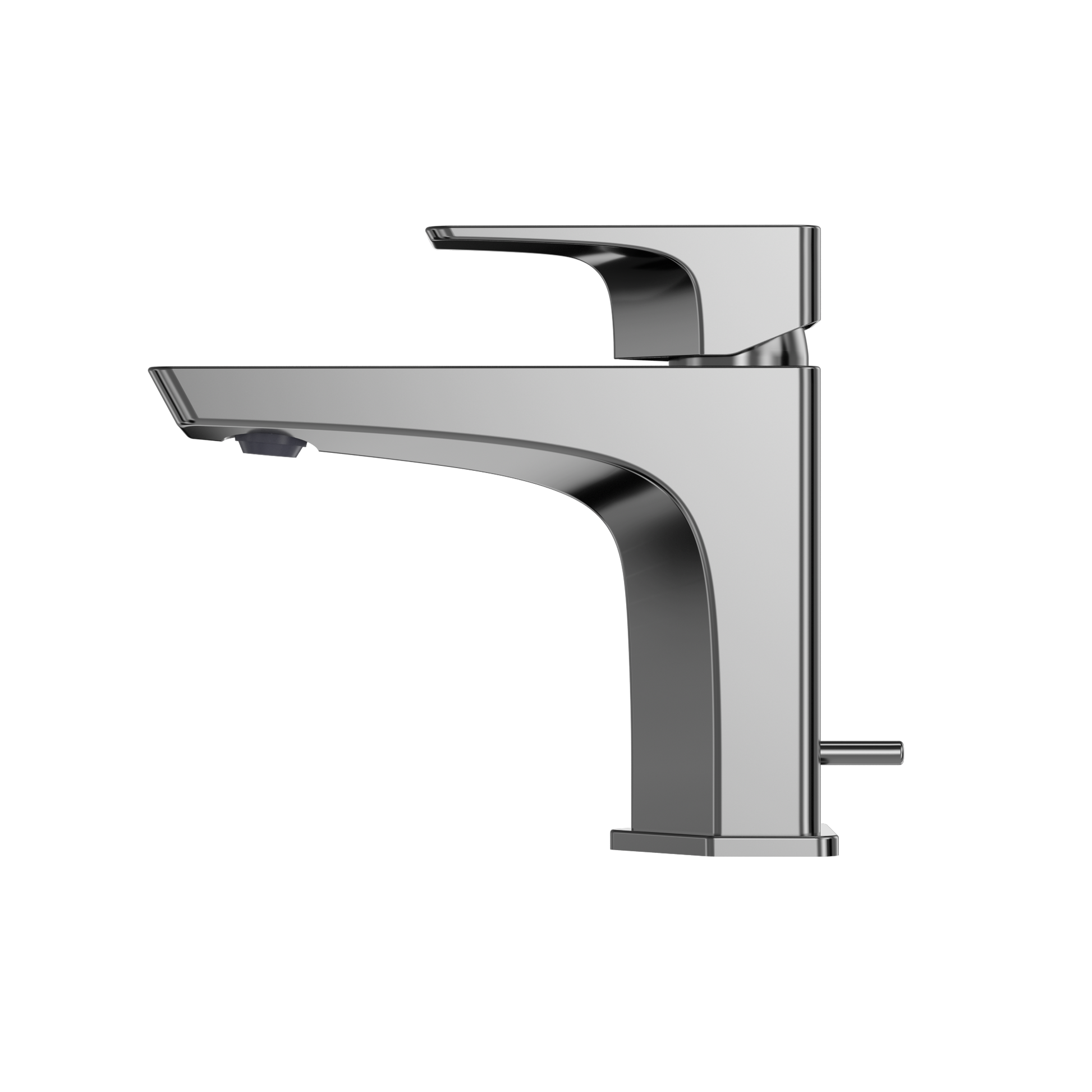 Polished chrome single-handle bathroom sink faucet with curved spout and side lever control.