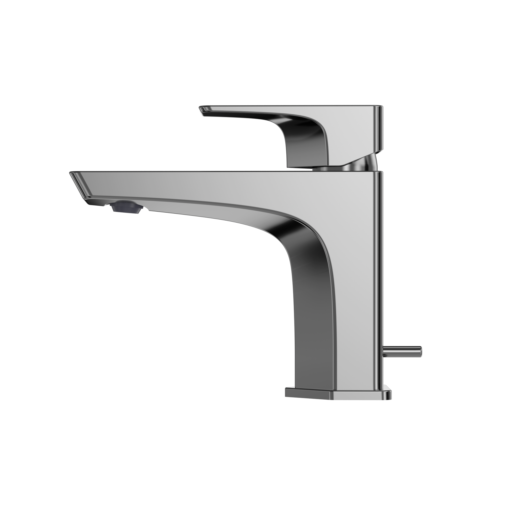 Polished chrome single-handle bathroom sink faucet with curved spout and side lever control.