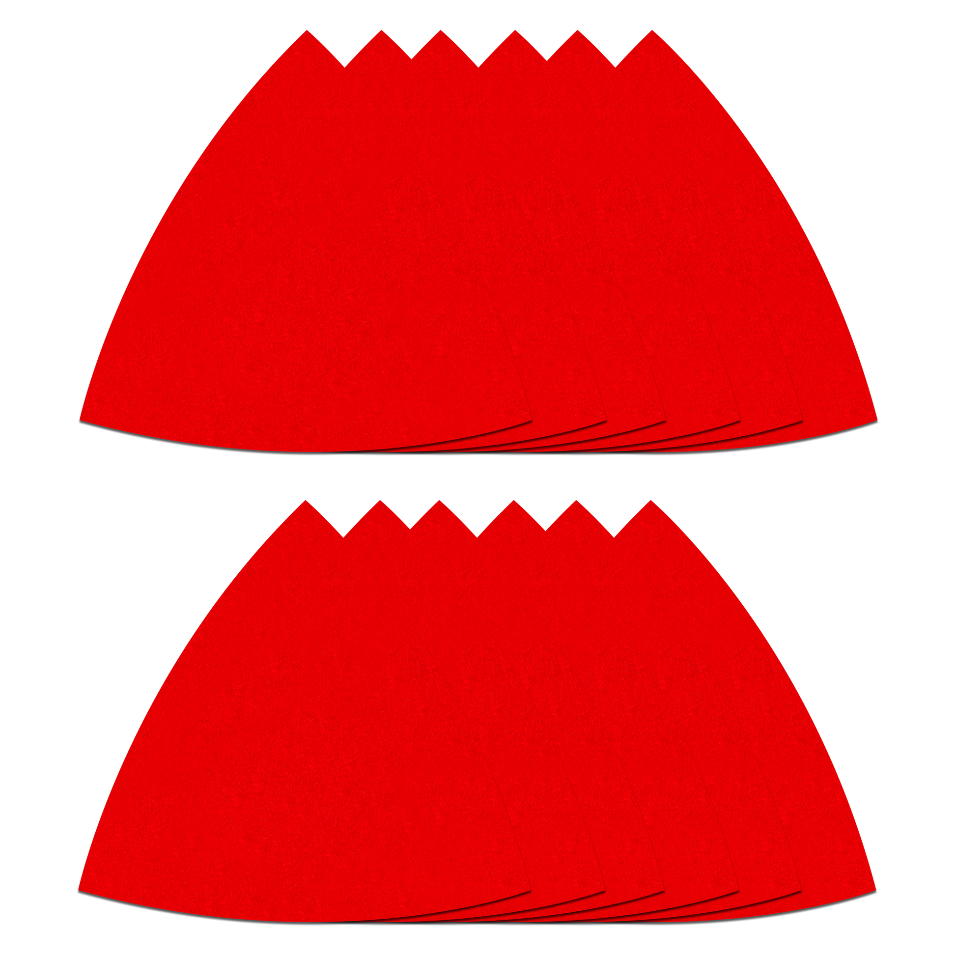 Red triangle sanding sheets with jagged top edge and attachment holes along bottom, shown as two sheets stacked.