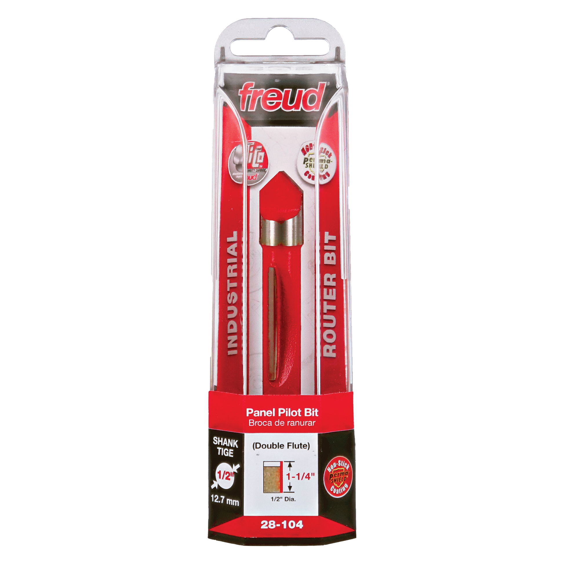Freud 28-104 panel pilot bit with red handle and metal shank in clear plastic blister packaging.
