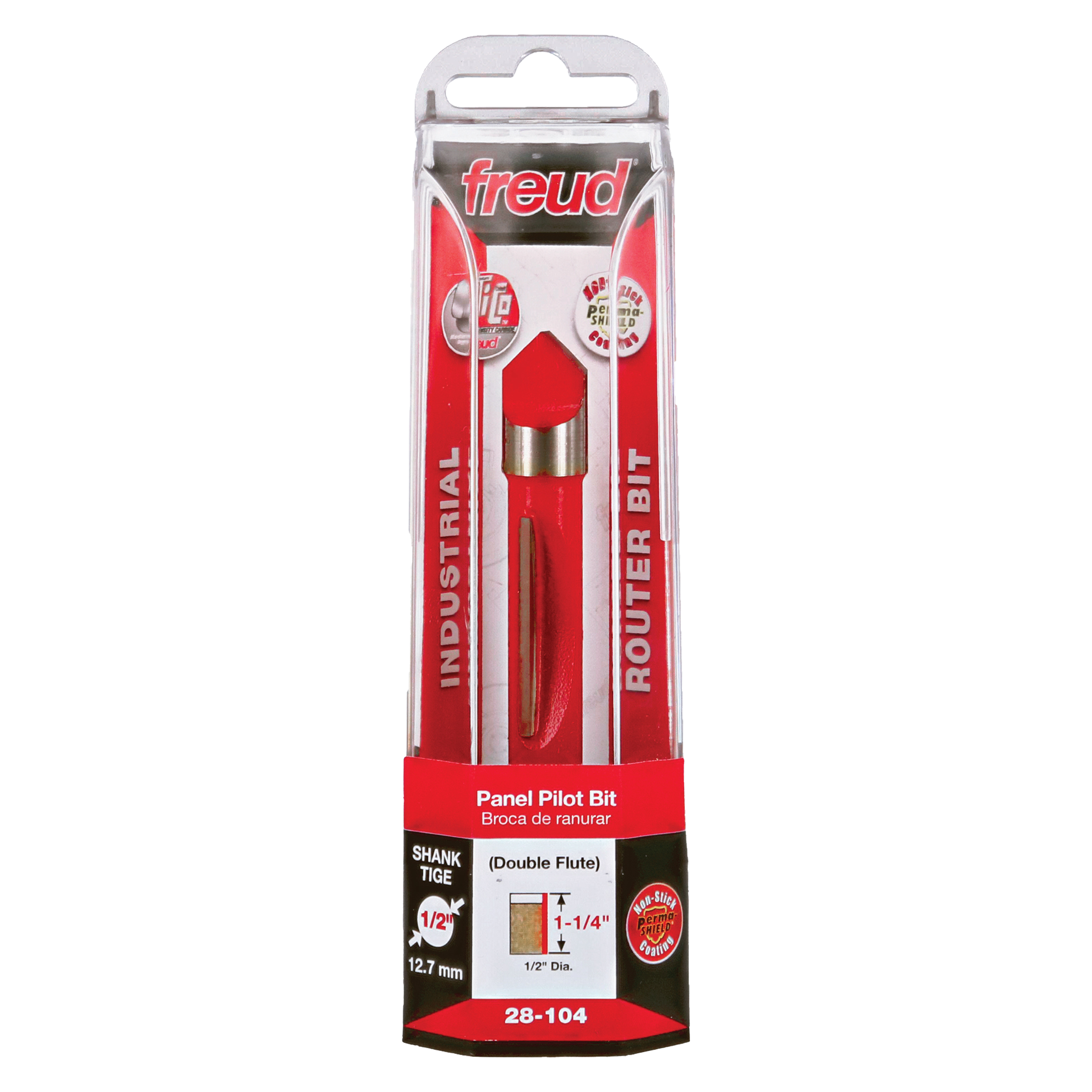 Freud 28-104 panel pilot bit with red handle and metal shank in clear plastic blister packaging.