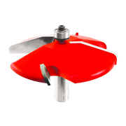 Raised panel router bit with red cutting head, metal shank, and gray cutting blades attached at top and bottom.