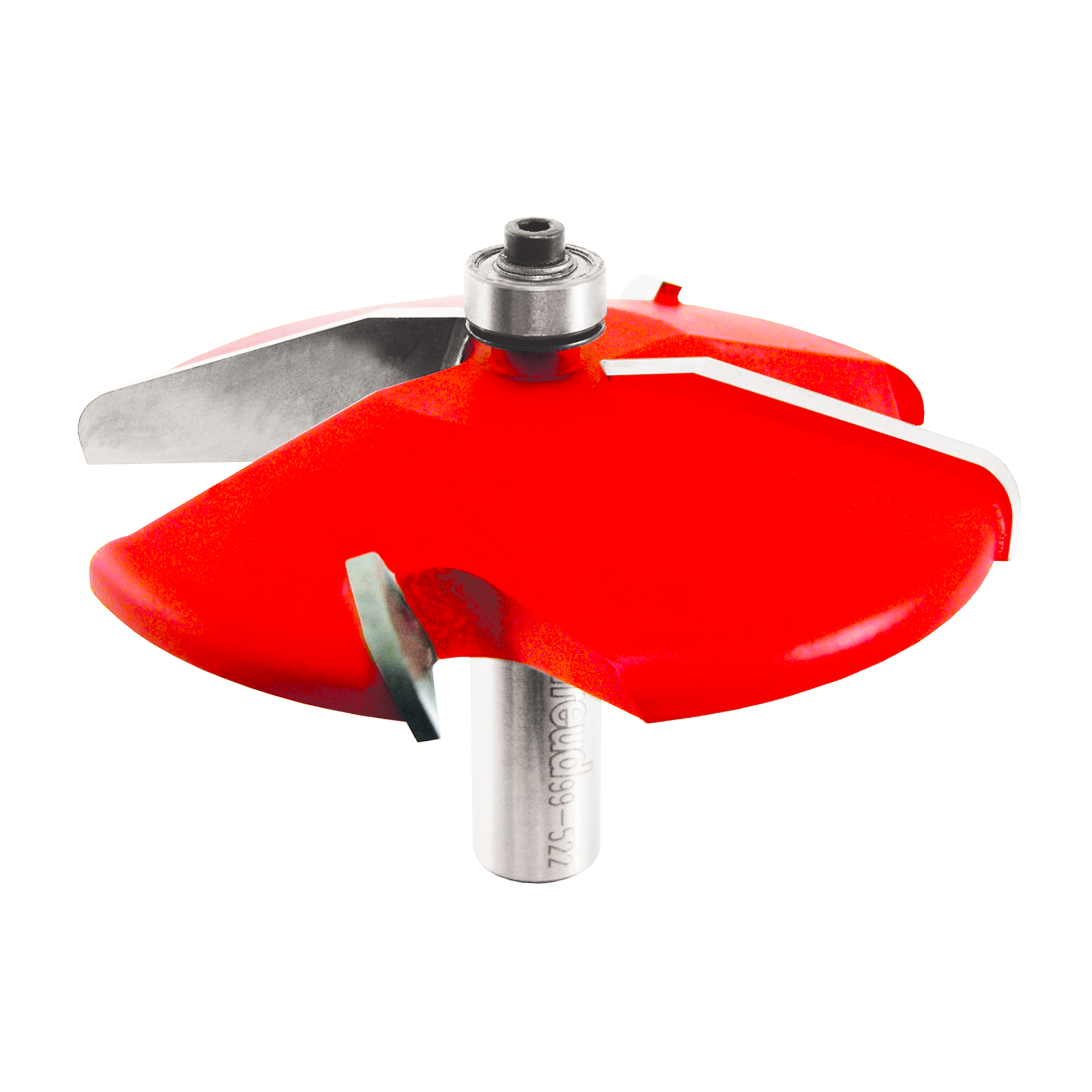 Raised panel router bit with red cutting head, metal shank, and gray cutting blades attached at top and bottom.