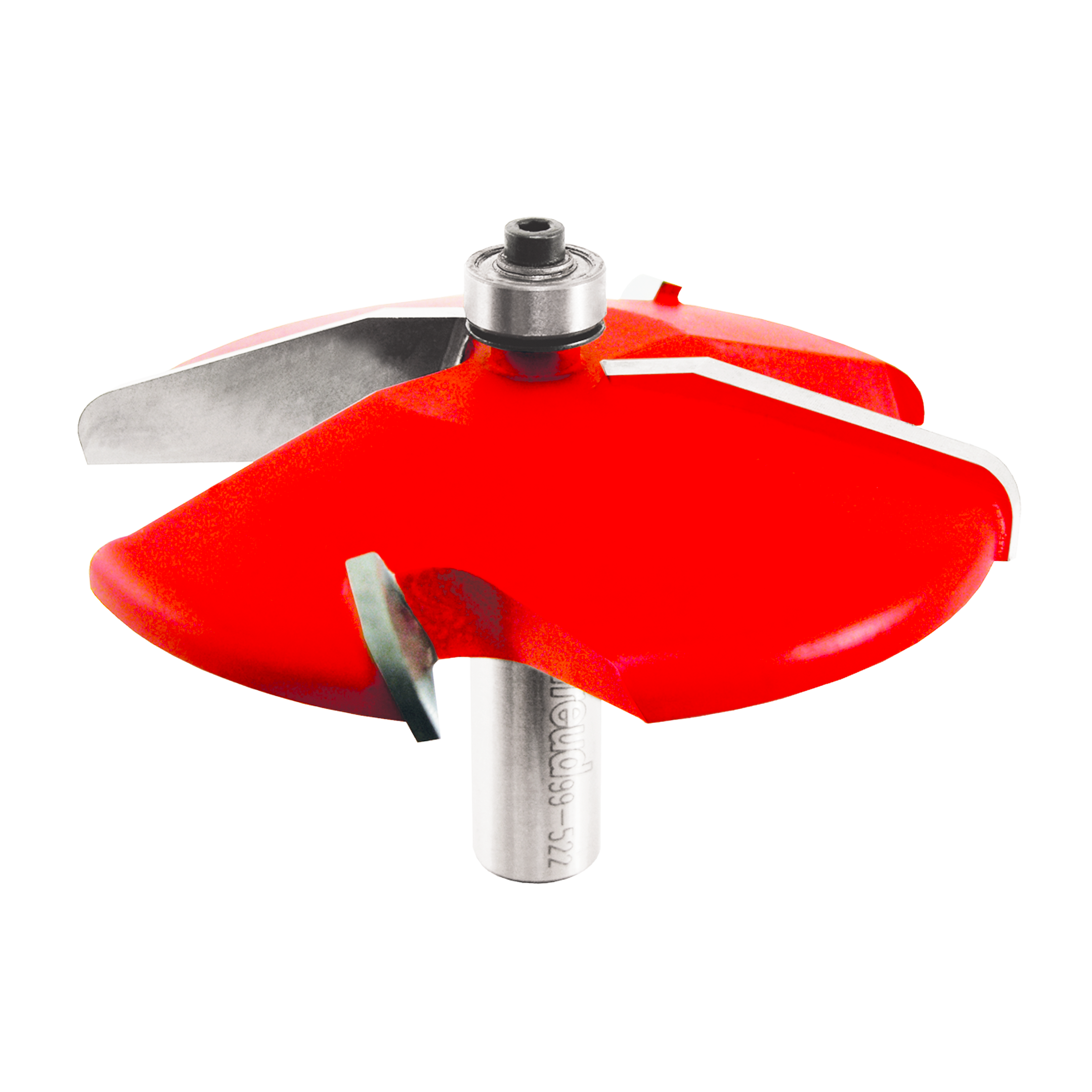 Raised panel router bit with red cutting head, metal shank, and gray cutting blades attached at top and bottom.