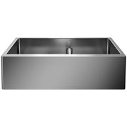 Stainless steel apron sink with low divider and two basins, front view.