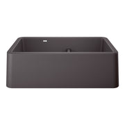 Cinder-colored double bowl farmhouse sink with low divide and apron front.