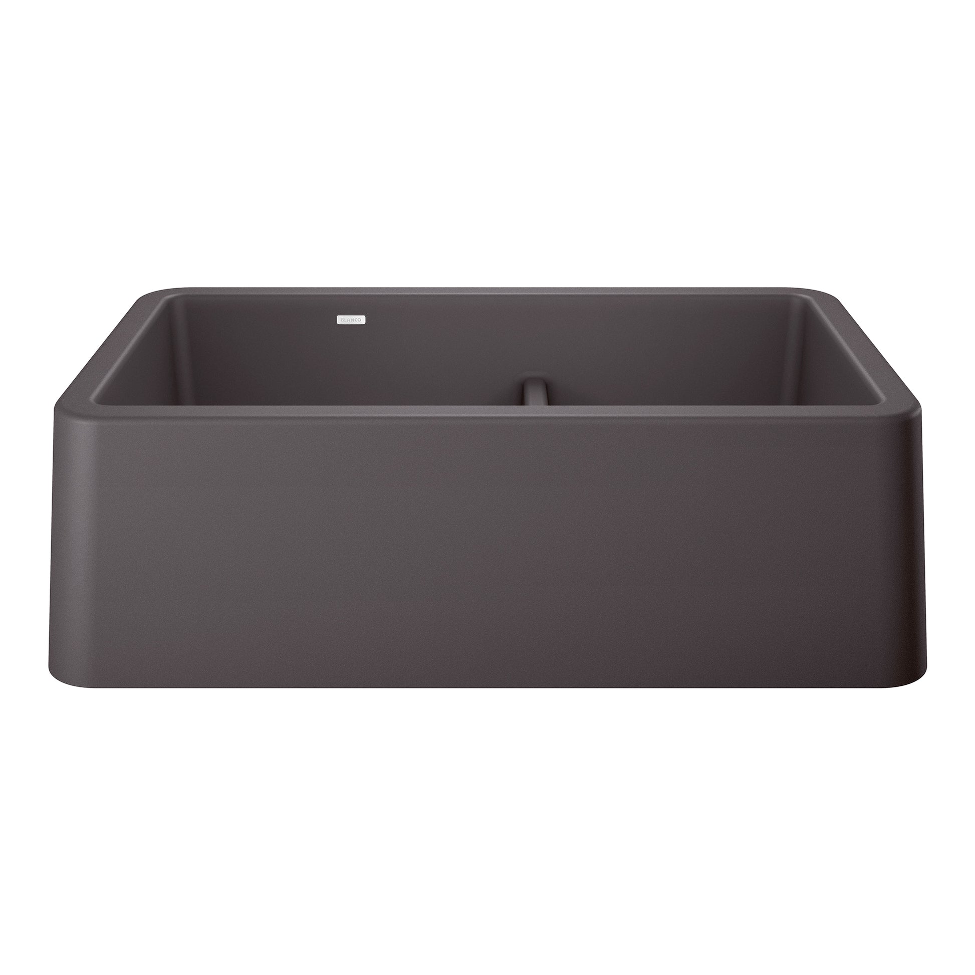 Cinder-colored double bowl farmhouse sink with low divide and apron front.