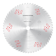 Circular saw blade with carbide-tipped teeth, center hole, and red patented system markings around the silver metal surface.