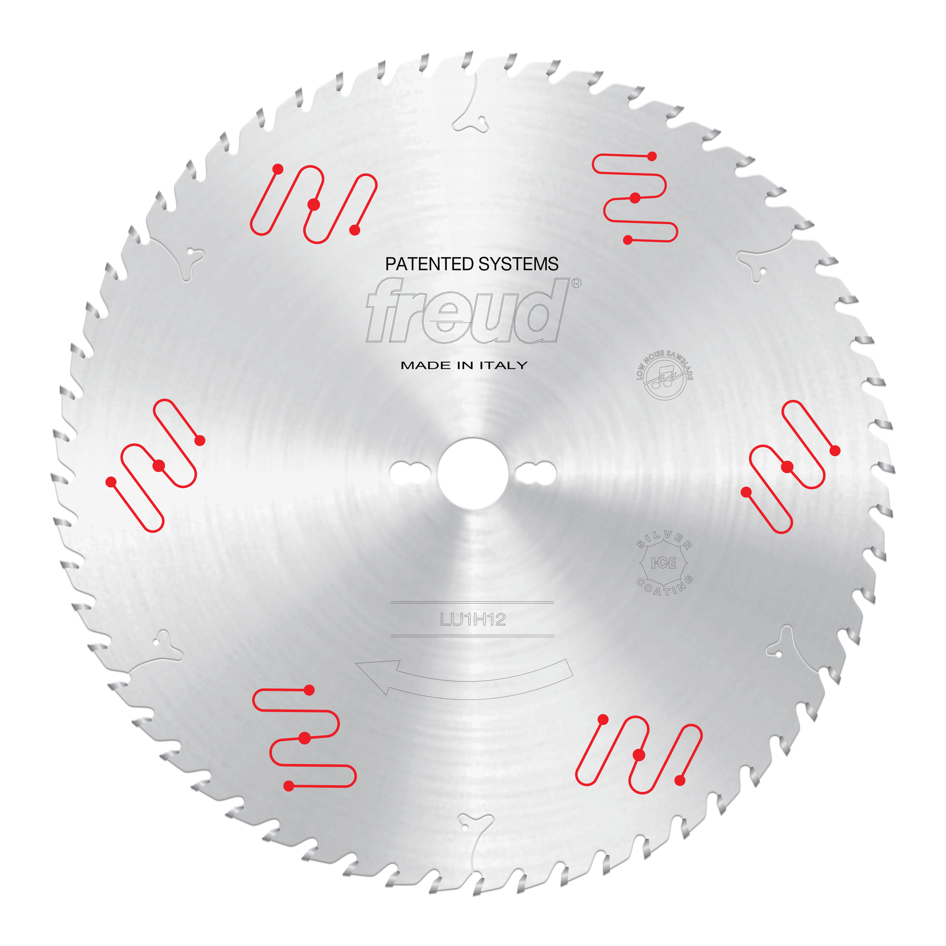 Circular saw blade with carbide-tipped teeth, center hole, and red patented system markings around the silver metal surface.
