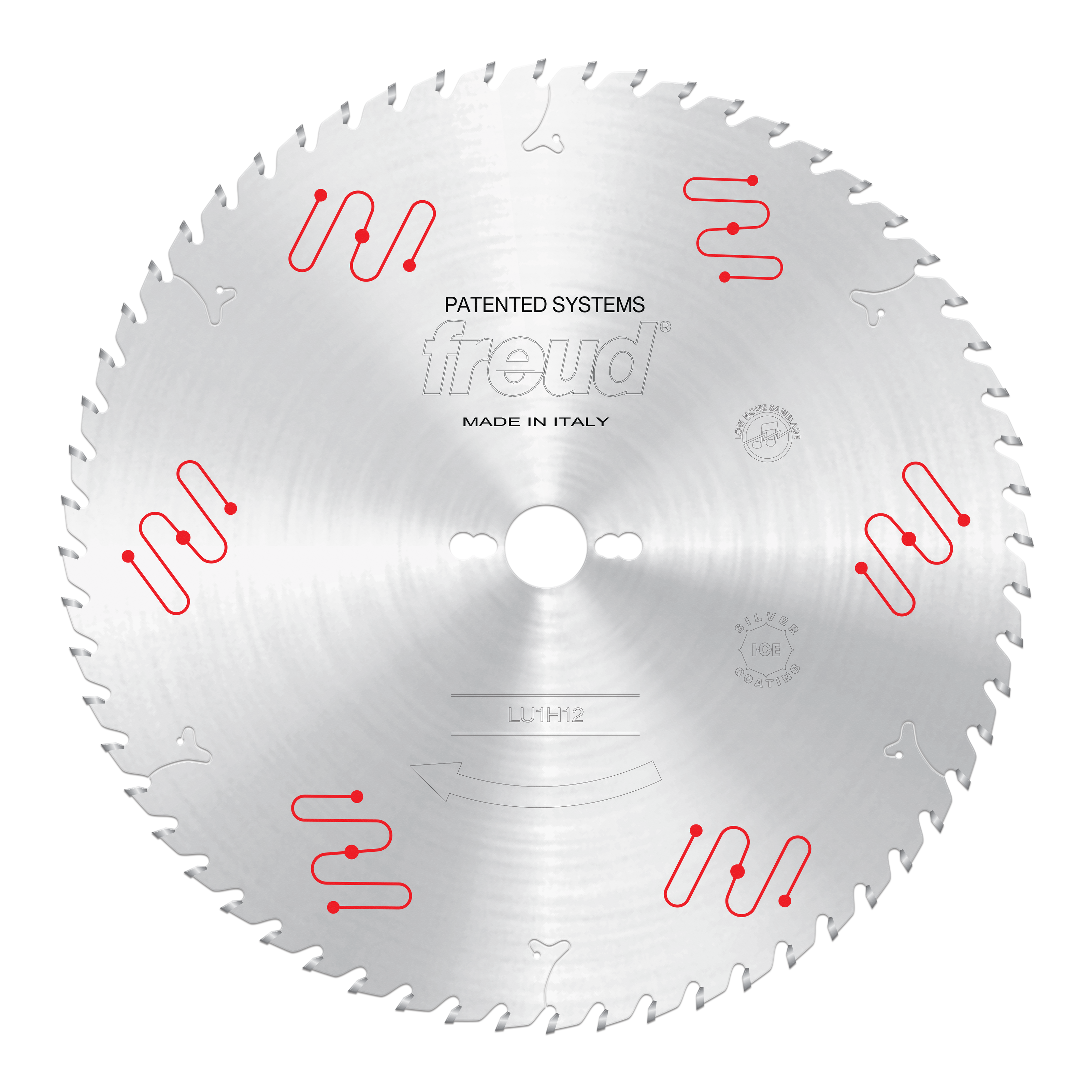 Circular saw blade with carbide-tipped teeth, center hole, and red patented system markings around the silver metal surface.