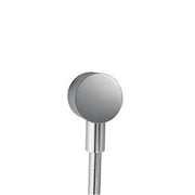 Chrome wall outlet with round escutcheon and connecting tube for shower system installation.