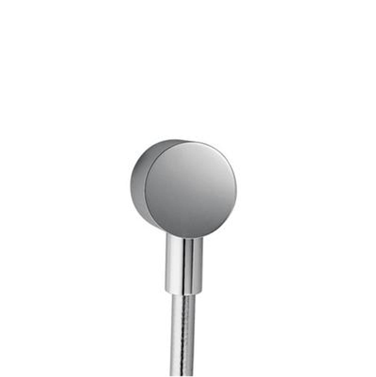 Chrome wall outlet with round escutcheon and connecting tube for shower system installation.
