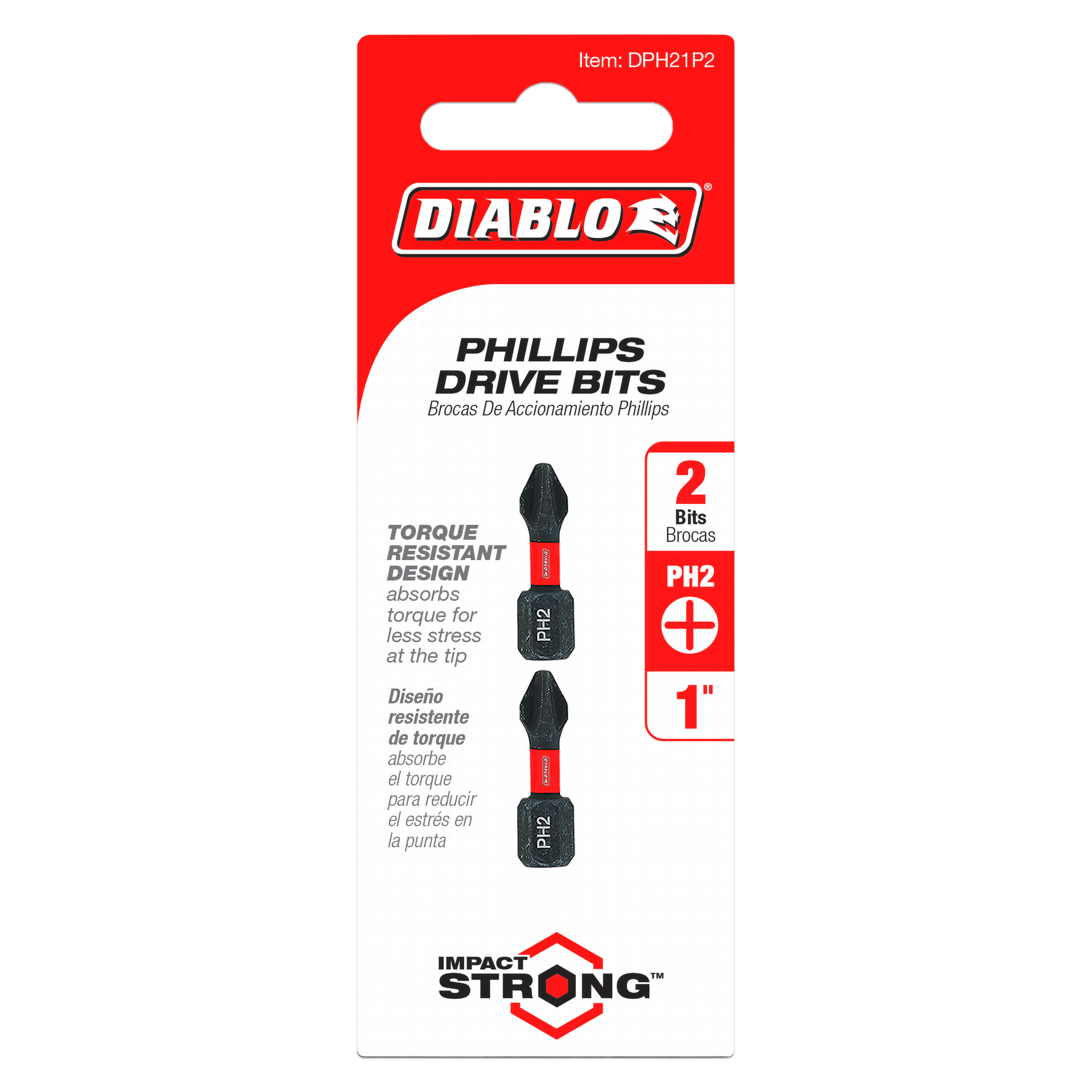 Two 1-inch #2 Phillips drive bits with red and black composite handles on red and white Diablo product packaging.