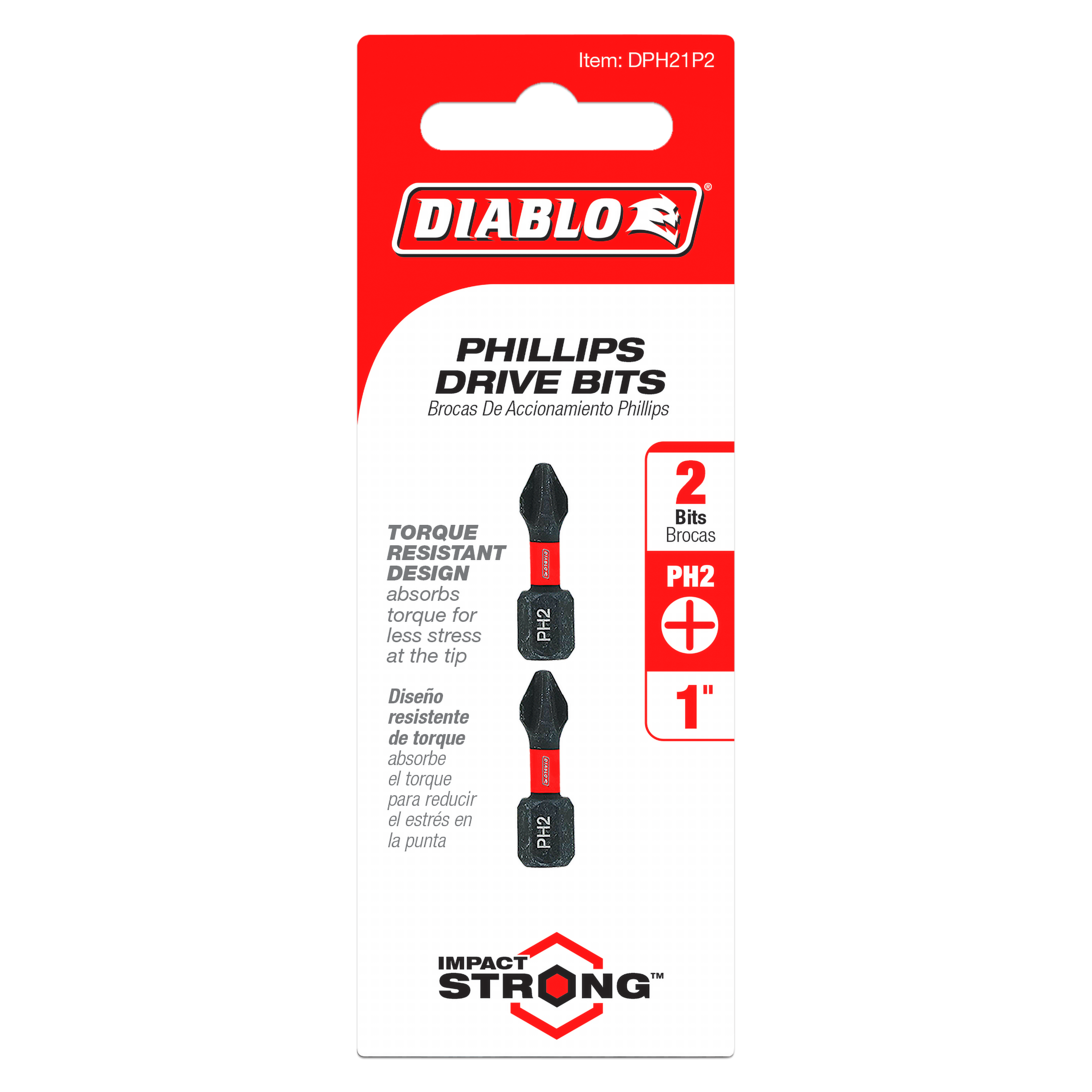 Two 1-inch #2 Phillips drive bits with red and black composite handles on red and white Diablo product packaging.
