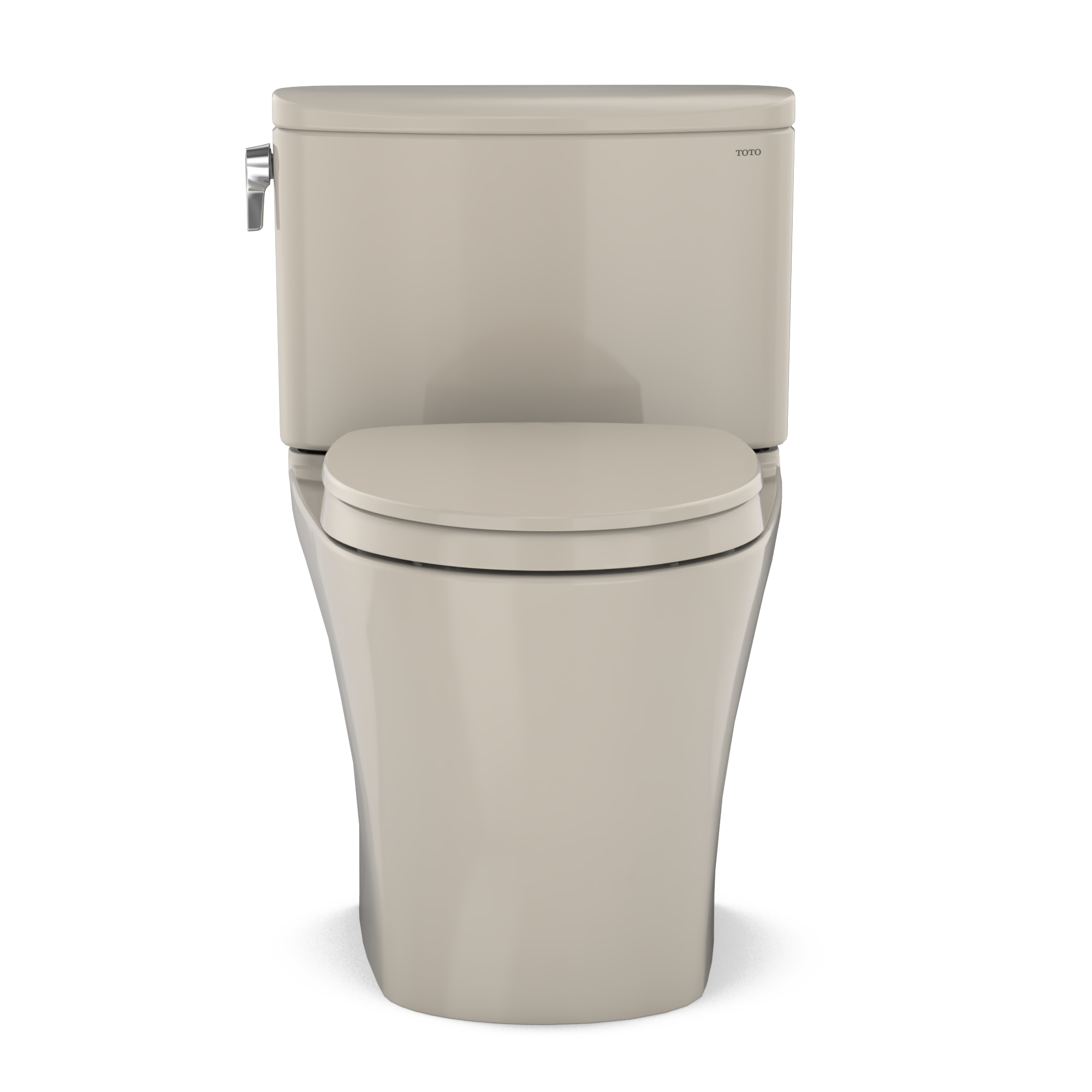 Bone-colored two-piece elongated toilet with soft-close seat and chrome side lever handle.