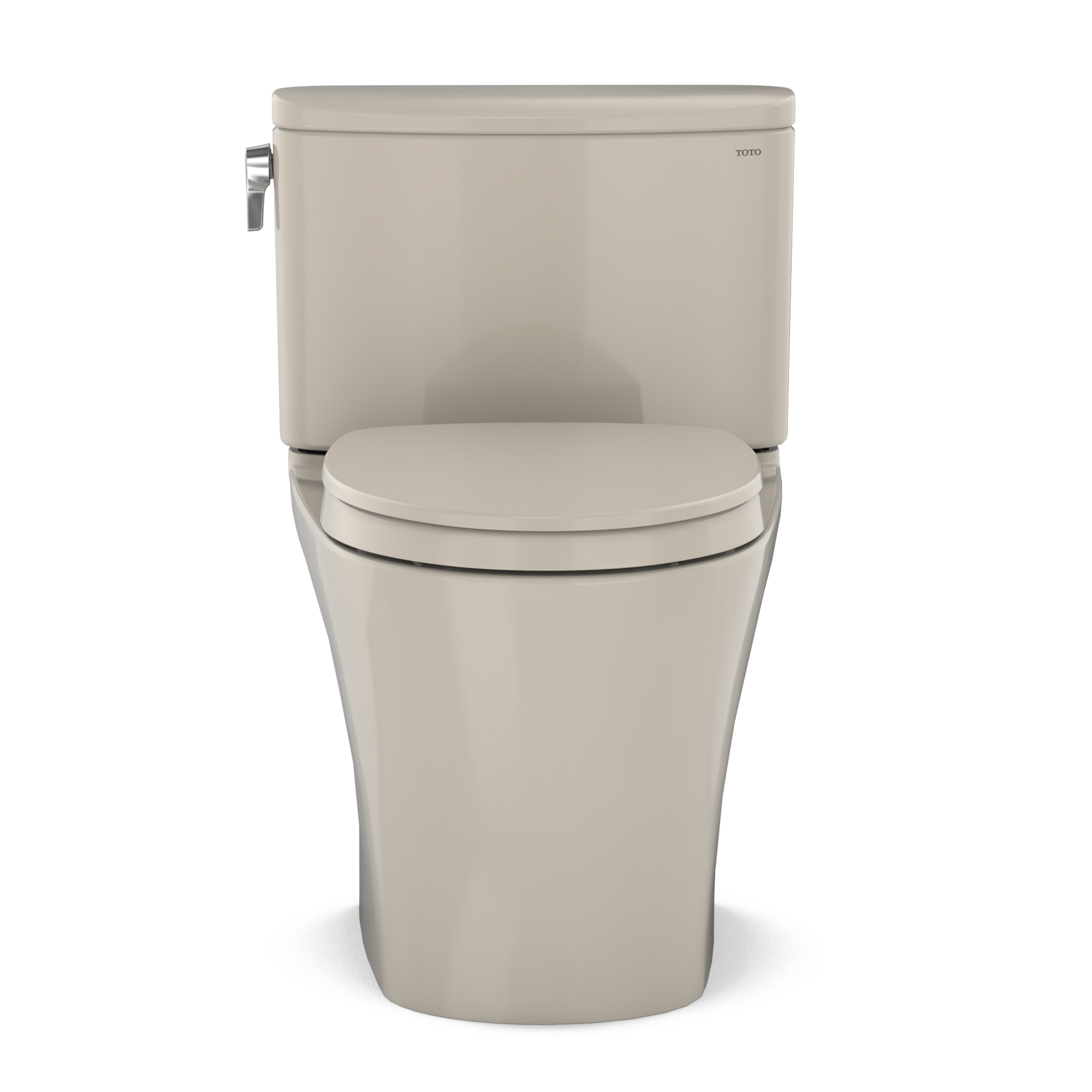 Bone-colored two-piece elongated toilet with soft-close seat and chrome supply valve.