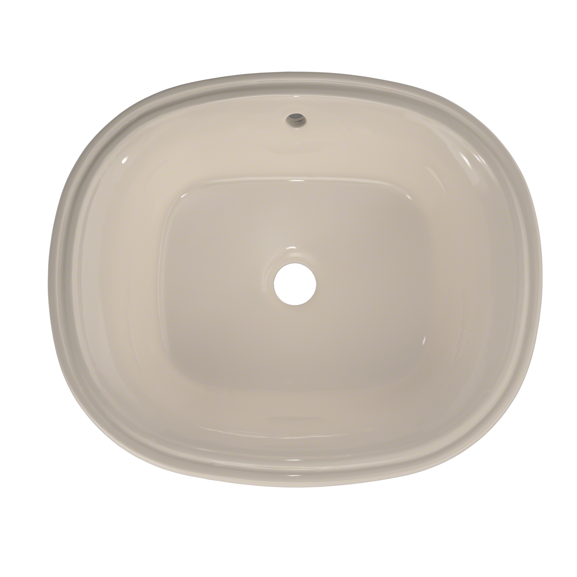 Bone-colored oval undermount bathroom sink with single faucet hole and rounded rim, viewed from above.