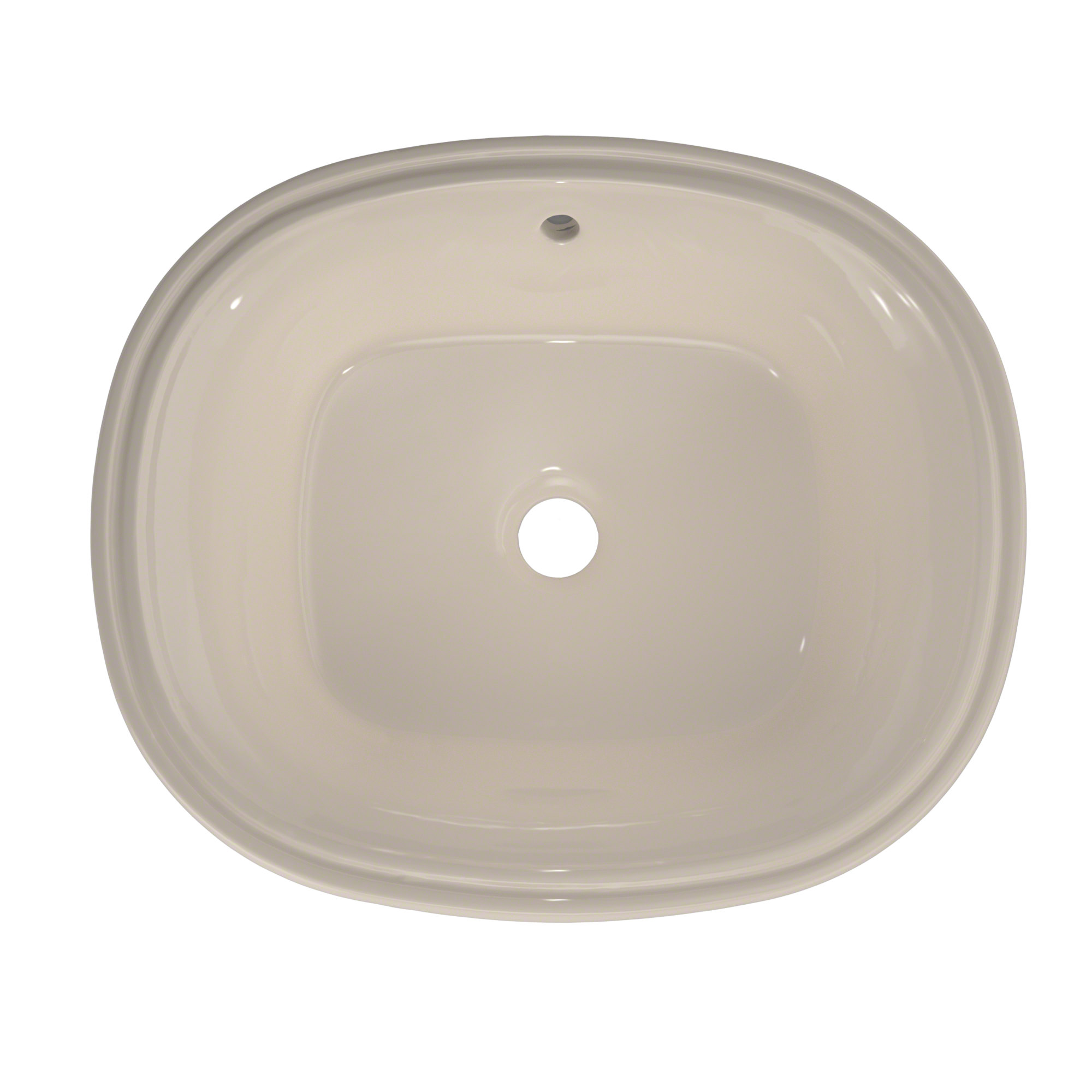 Bone-colored oval undermount bathroom sink with single faucet hole and rounded rim, viewed from above.