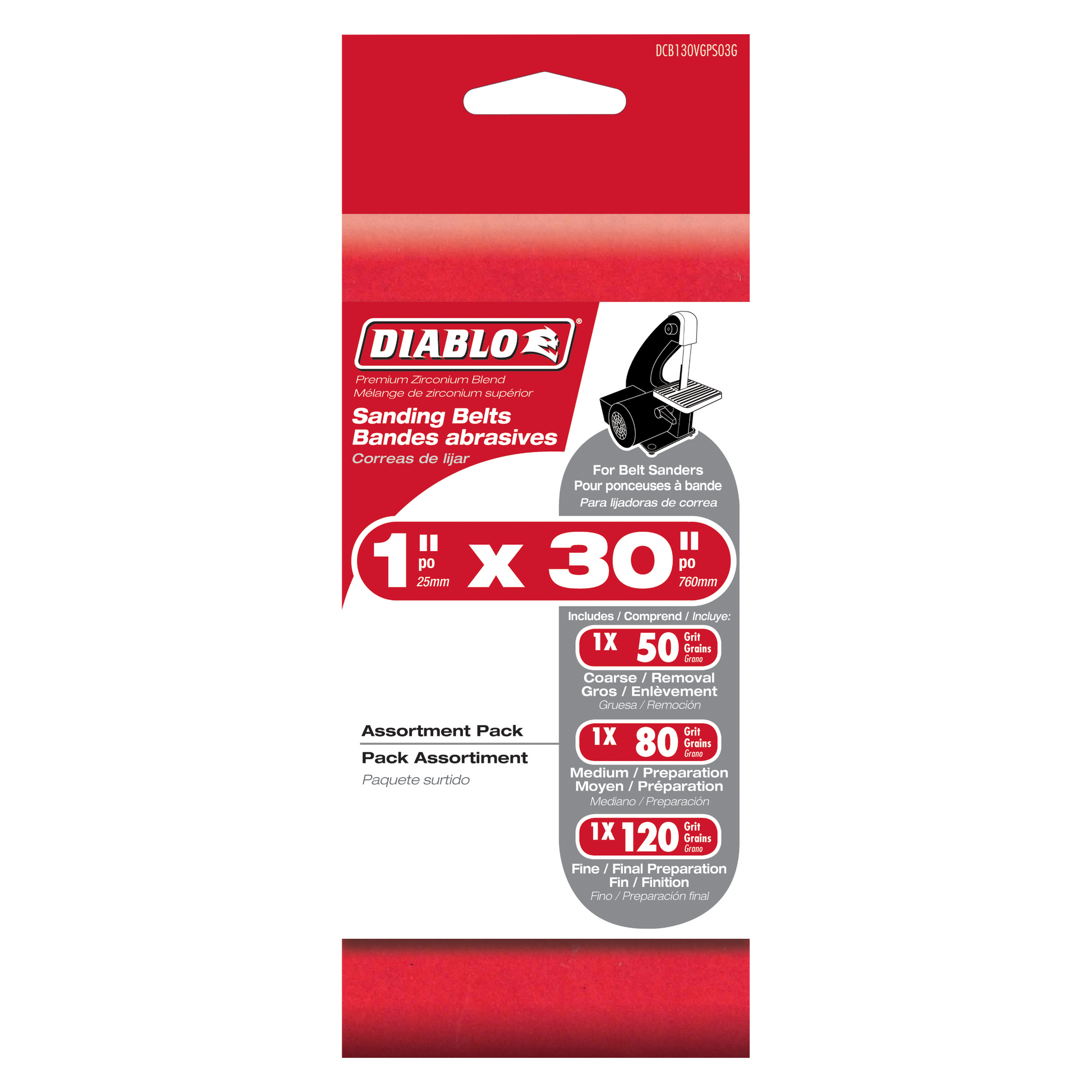 Diablo 1" x 30" sanding belt assortment pack containing three belts in 50, 80, and 120 grit sizes.