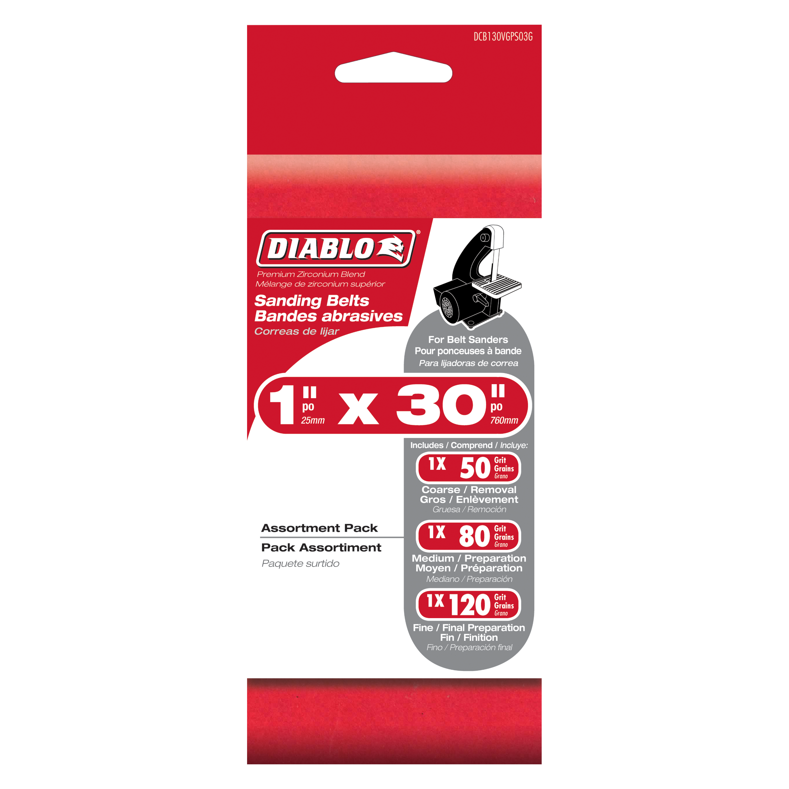 Diablo 1" x 30" sanding belt assortment pack containing three belts in 50, 80, and 120 grit sizes.
