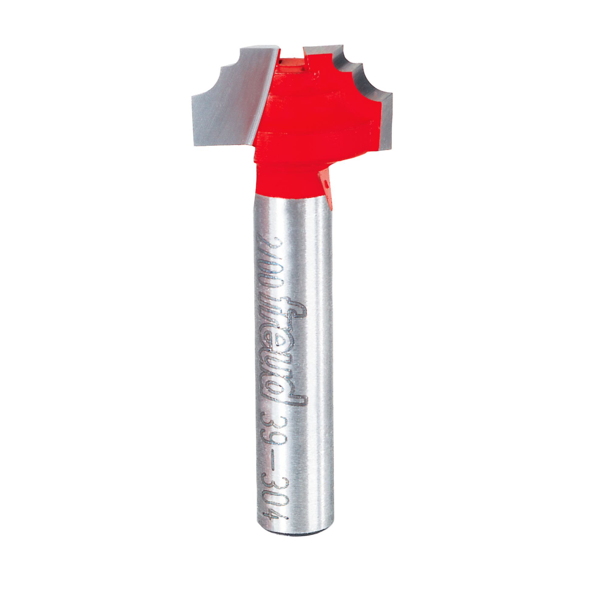 Classical beading groove bit with red cutting head and silver metal shank, viewed from front.