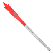 Two red and gray spade bits with flat, wide drilling heads and hex shanks.