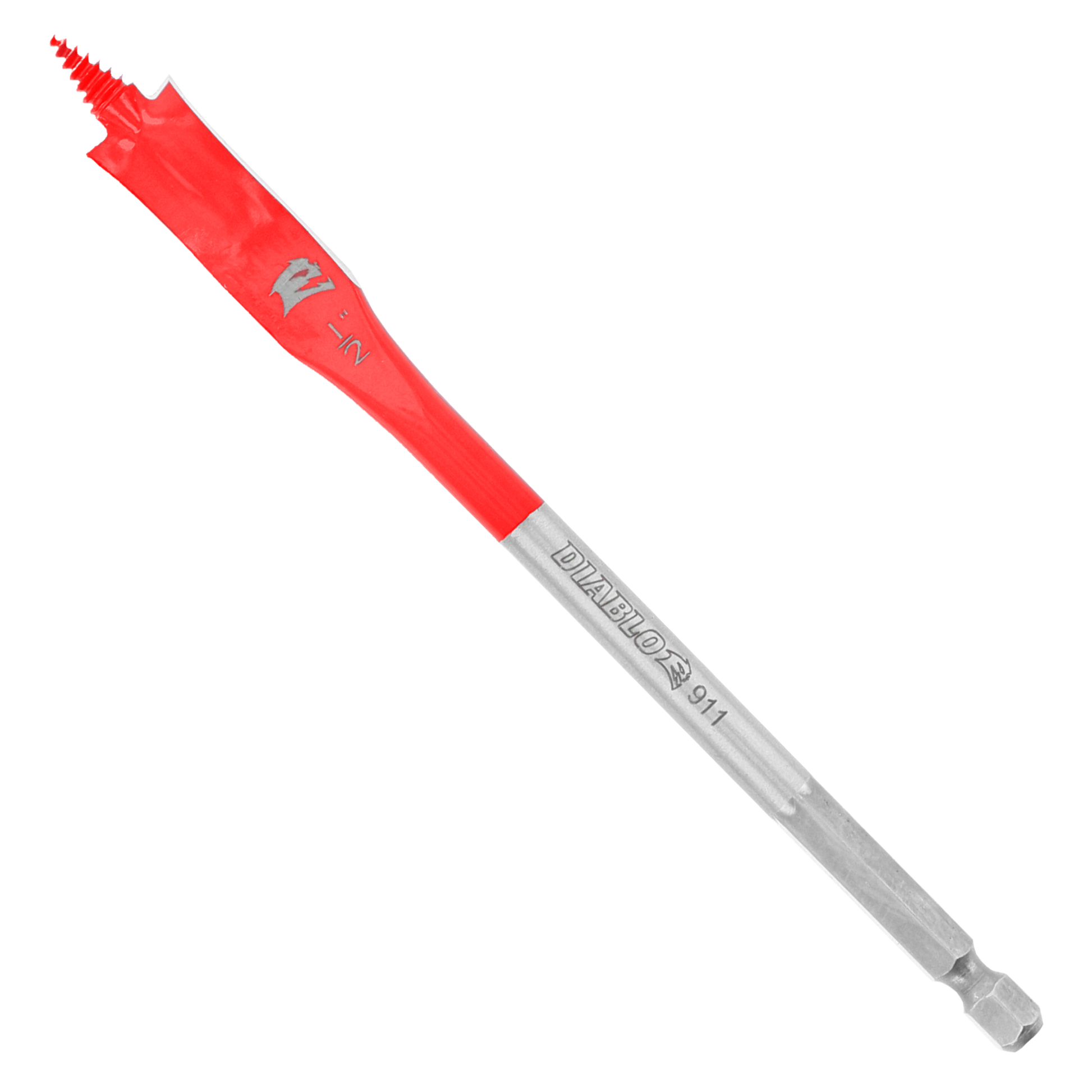 Two red and gray spade bits with flat, wide drilling heads and hex shanks.
