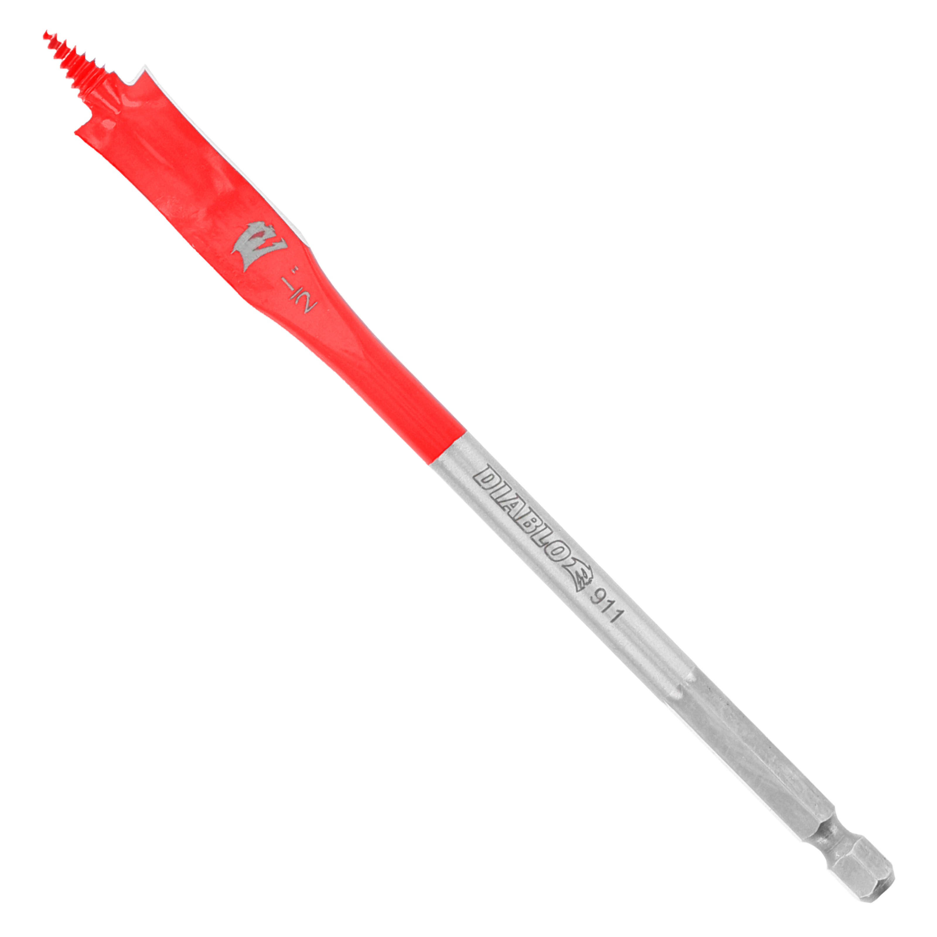 Two red and gray spade bits with flat, wide drilling heads and hex shanks.