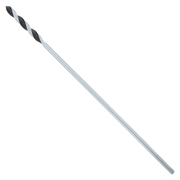 Long spiral drill bit with black and gray fluted head and gray shaft.
