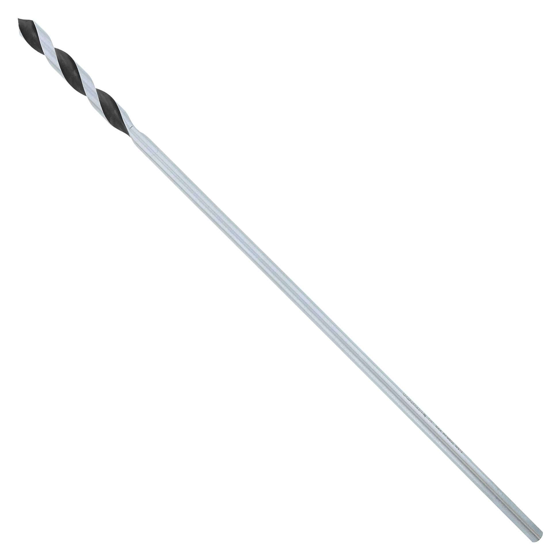 Long spiral drill bit with black and gray fluted head and gray shaft.