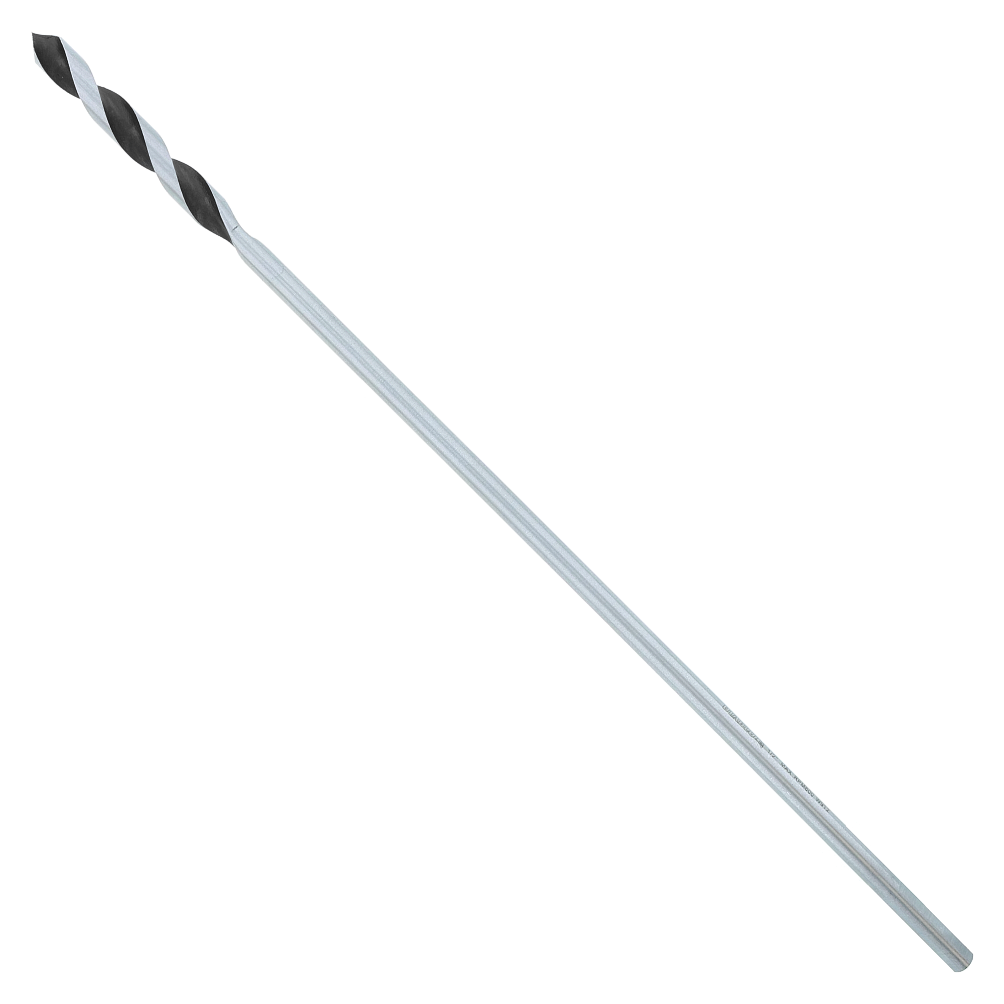 Long spiral drill bit with black and gray fluted head and gray shaft.