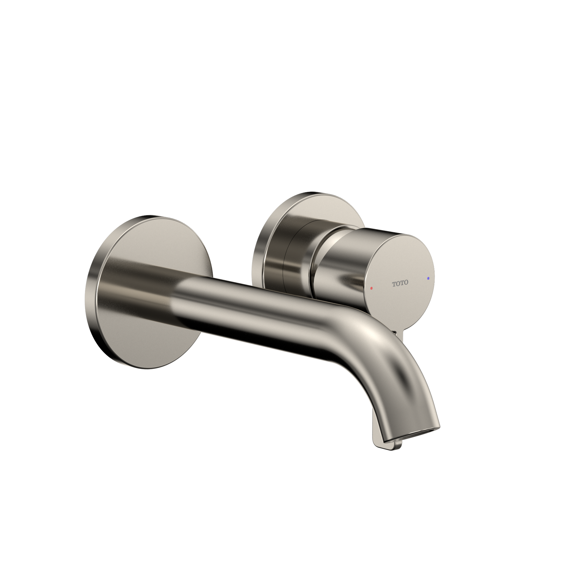 Polished nickel wall-mount bathroom faucet with single handle and curved spout.