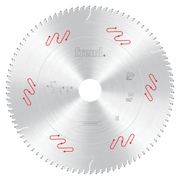 Circular saw blade with fine teeth around perimeter, white center hole, Freud branding, and red cutting line indicators.