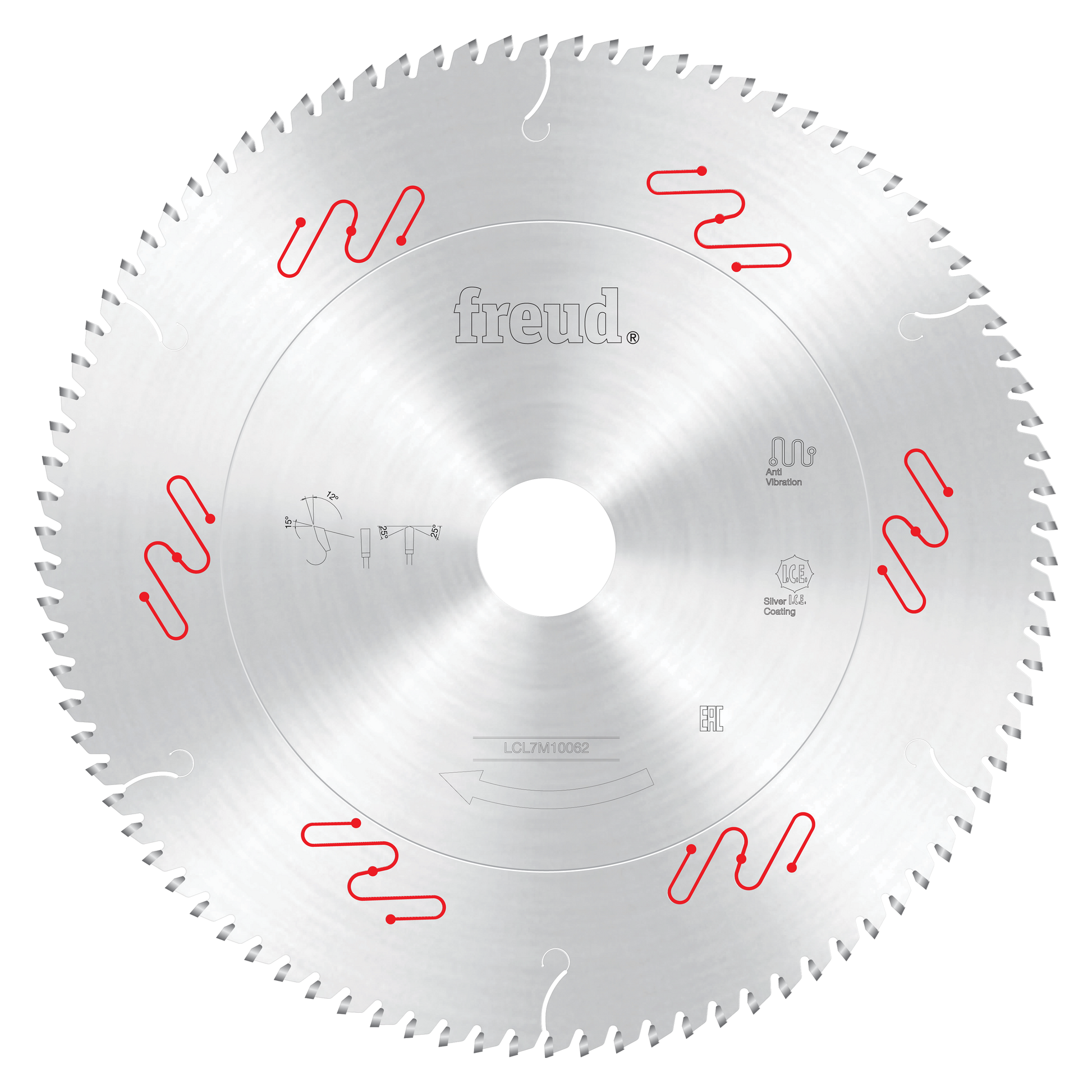 Circular saw blade with fine teeth around perimeter, white center hole, Freud branding, and red cutting line indicators.