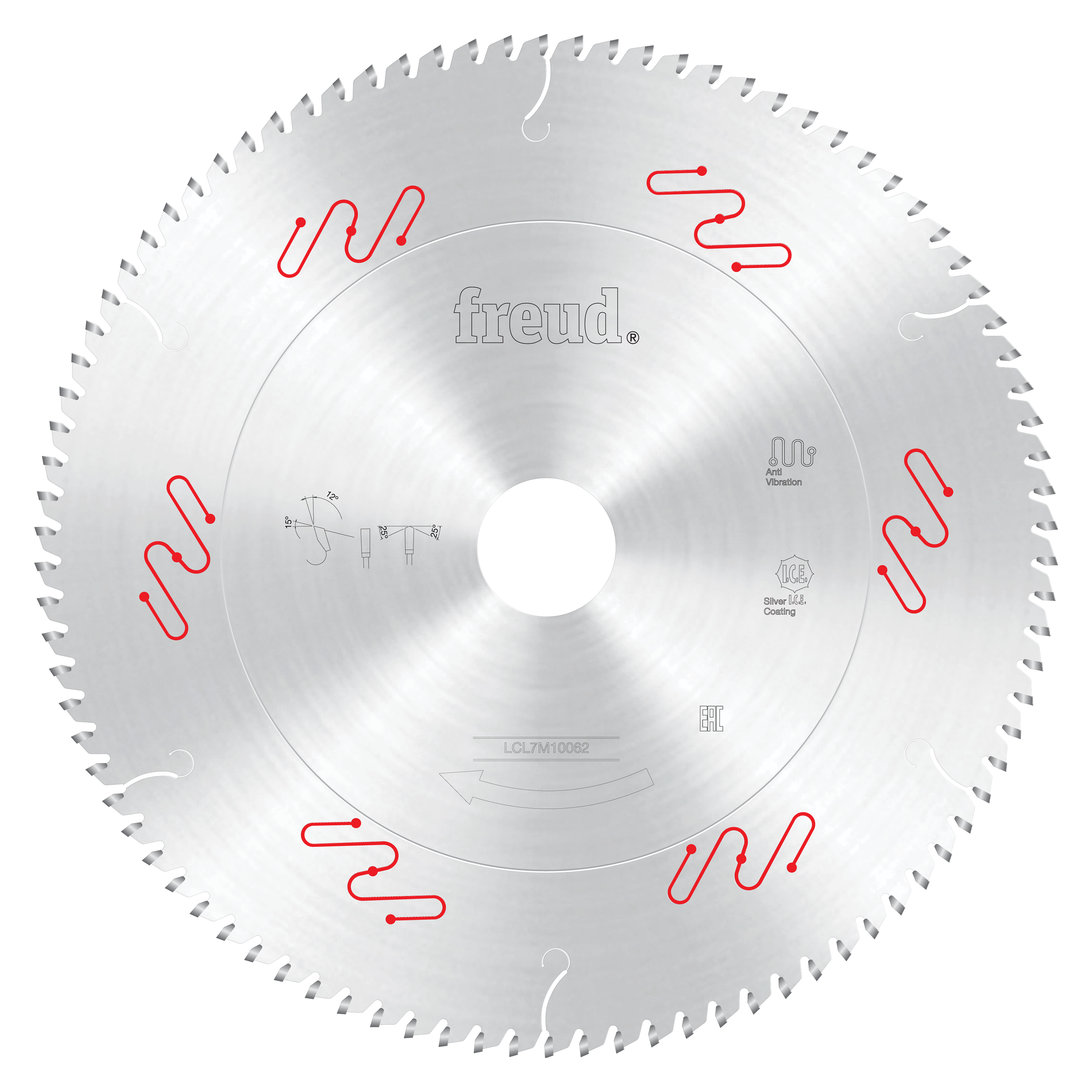 Circular saw blade with fine teeth around perimeter, white center hole, Freud branding, and red cutting line indicators.