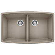 Truffle-colored double bowl undermount sink with rounded corners and chrome drain strainers.