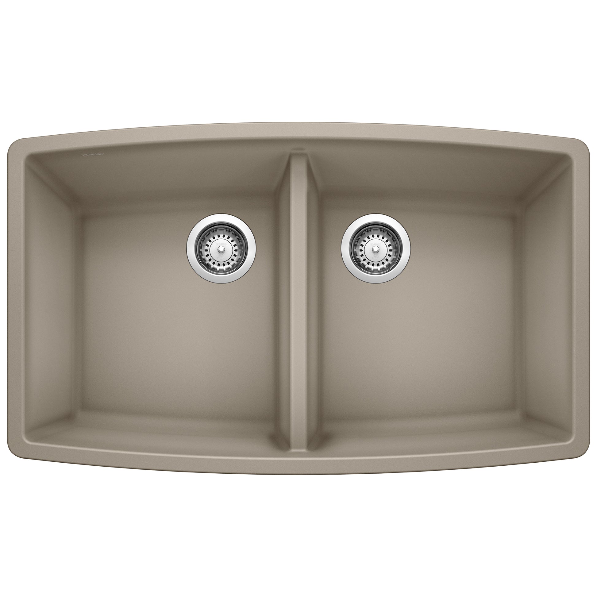 Truffle-colored double bowl undermount sink with rounded corners and chrome drain strainers.